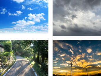 画像：青空、曇り空、陰から光、オレンジ色の青空